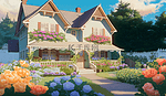 玫瑰花园楼房住宅插画卡通房子背景
