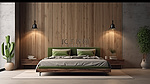 时尚舒适的木床的 3D 渲染，采用现代简约卧室设计
