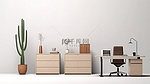 简约办公室的时尚简约工作空间 3D 渲染，配有办公桌和木质文件柜
