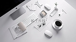 带咖啡杯相机和办公用品的白色电脑桌的顶视图 3D 插图