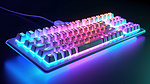 用于游戏 PC 的具有白色背光的键盘和带有 RGB 灯的霓虹灯背景的 3D 渲染
