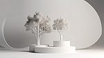 树荫背景上的白色产品展示架 3D 渲染插图
