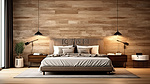 简约卧室，配有墙壁装饰木板棕色室内咖啡桌和床边灯 3D 渲染