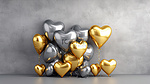 金色心形气球在灰色混凝土背景上庆祝新年，呈现为带有 3D 渲染的水平横幅