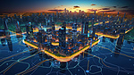 日落时未来城市智能电网可再生能源解决方案的 3D 渲染
