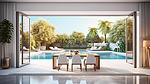 现代室内室外生活空间，配有泳池露台和风景优美的背景 3D 渲染