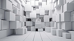 艺术背景设计，墙壁和地板上有一堆未来派的白色方形和圆形立方体盒子