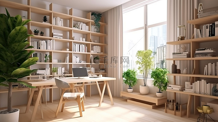 白色主题家庭书房的 3D 渲染,配有学习桌书架和吸引人的装饰背景图片免费下载_海报banner/高清大图_千库网(图片编号6889459)