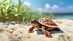 小海龟踏上新的旅程 3D 渲染婴儿爬行动物在沙滩海滨爬向海洋