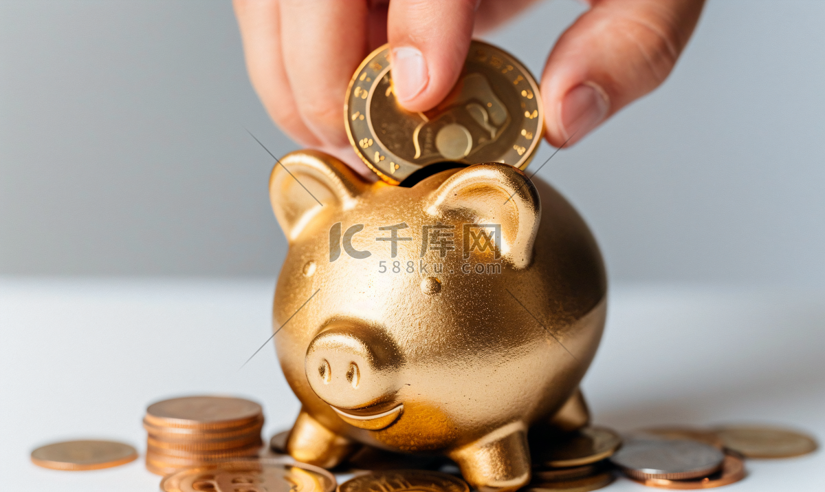 男人手与硬币与黄金储钱罐存钱计划是高清摄影大图-千库网
