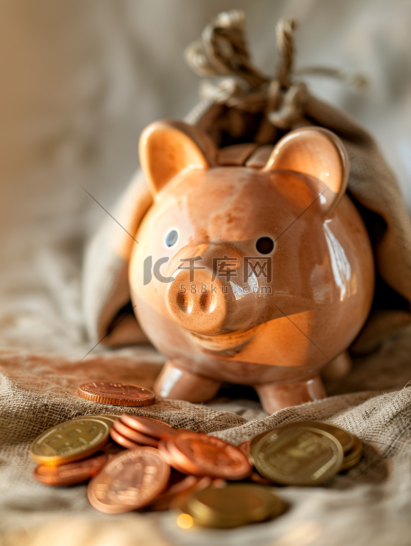 金融储蓄金猪存钱罐和一袋金币高清摄影大图-千库网