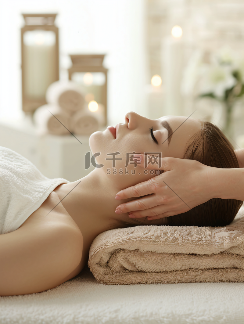 女性养生spa头部按摩高清摄影大图-千库网