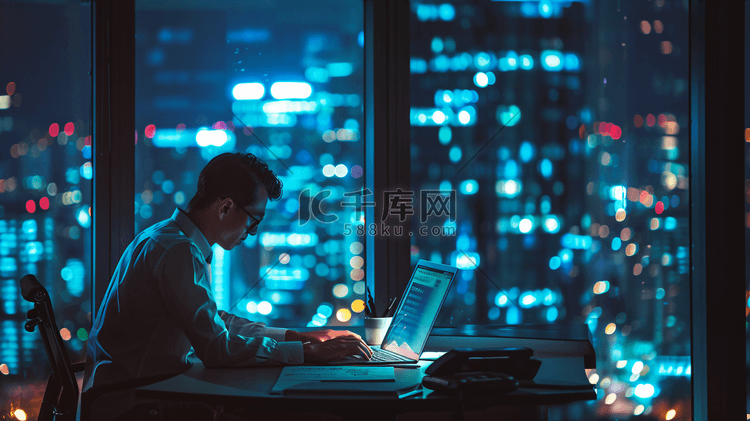晚上在办公室加班的职业人士高清摄影大图-千库网