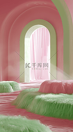 春天室内绿粉色毛绒绒3D促销电商展台图片