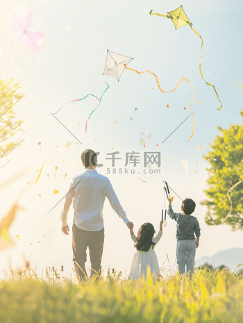 亚洲人一家三口在草地上放风筝
