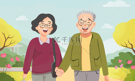 亚洲人老年夫妇在户外散步