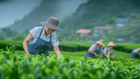 茶园中采茶的茶农摄影1