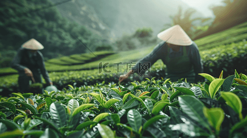 茶园中采茶的茶农摄影6