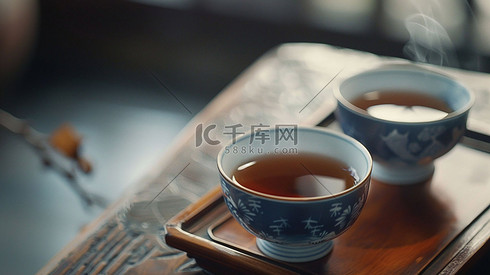 茶杯品茶木桌中国风摄影照片