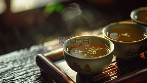 茶杯品茶木桌中国风摄影照片