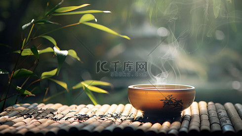 茶杯品茶木桌中国风摄影照片