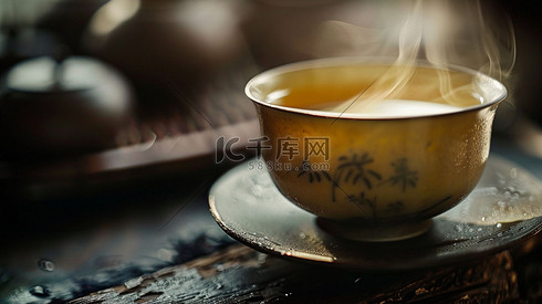 茶杯品茶木桌中国风摄影照片