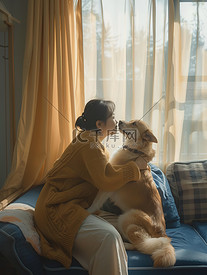 女人和狗坐在沙发上图片