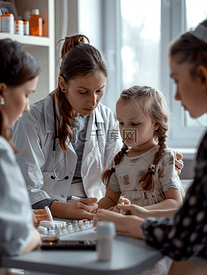 保健 儿童医疗女医生给住院的小女孩吃药水
