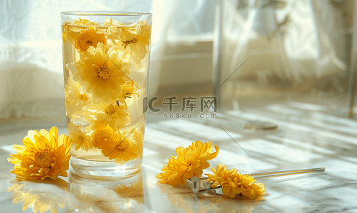 菊花茶插画摄影照片带工具的玻璃杯中的菊花茶