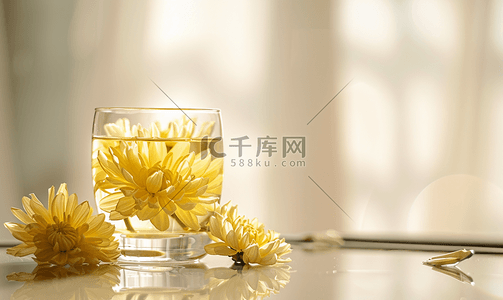 菊花茶插画摄影照片带工具的玻璃杯中的菊花茶