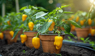 小黄墨西哥辣椒生长在陶罐农场有机蔬菜