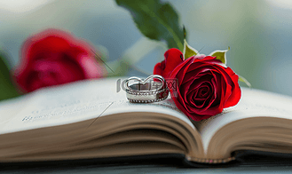 结婚戒指书页弯曲心形红玫瑰
