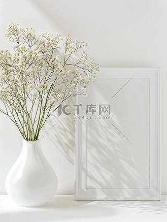 大数据模型高清背景图片_带白色花瓶和天竺葵花白色背景的艺术相框模型