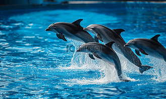 海豚家族在深蓝色的大海中跳跃