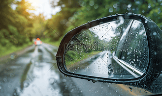 镜子侧面图片素材_湿玻璃后汽车后视镜雨中道路景观行程详情