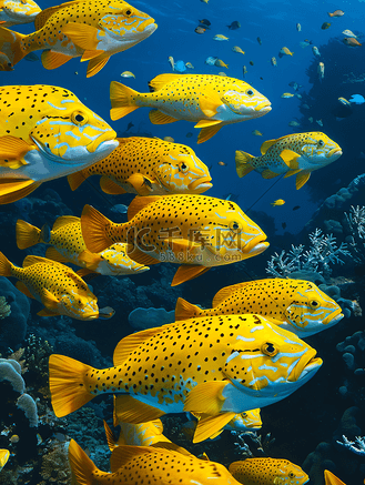 黄颜料高清背景图片_水下的黄石斑鱼石斑鱼群