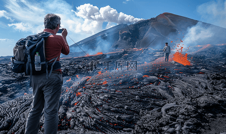 游客在埃特纳火山斜坡上拍摄熔岩流照片