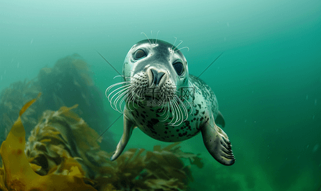 一只普通海豹在蓝绿色的水中游泳的肖像