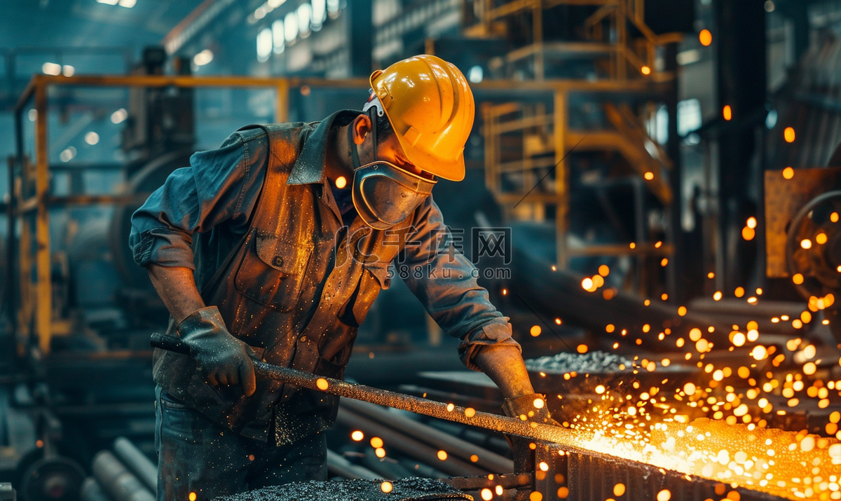 戴着安全帽和面罩的工人用钢筋搅拌熔炉中的液态金属高清摄影大图-千库网