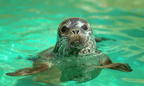 一只普通海豹在蓝绿色的水中游泳的肖像
