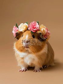 米色背景上豚鼠玫瑰花结彩色背景上可爱的啮齿类豚鼠