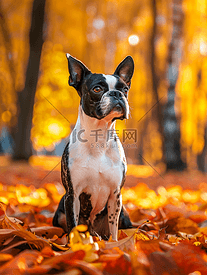 波士顿梗犬在秋天美丽的红黄色公园里