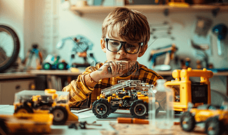 有创意的孩子在家建造机器人汽车