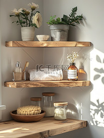 浴室木制角架浅色木质色调高清图片