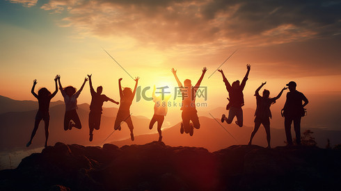 一群人在空中跳跃的剪影摄影图