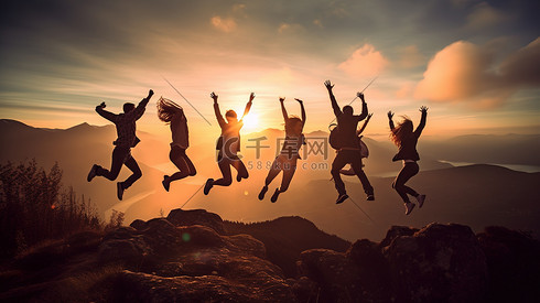 一群人在空中跳跃的剪影高清图片