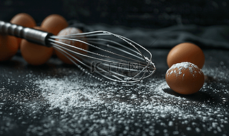 家庭烹饪鸡蛋和糖的概念在黑桌上用搅拌器选择性聚焦