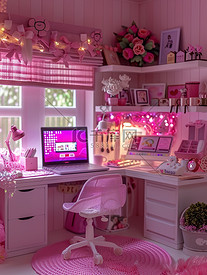 粉红色家居工作桌高清摄影图