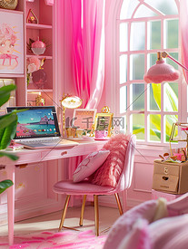 粉红色家居工作桌高清图片