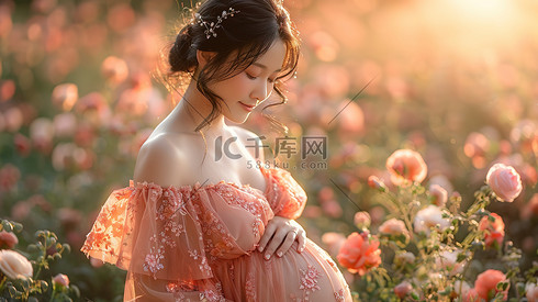 唯美的孕妇照花朵阳光高清摄影图